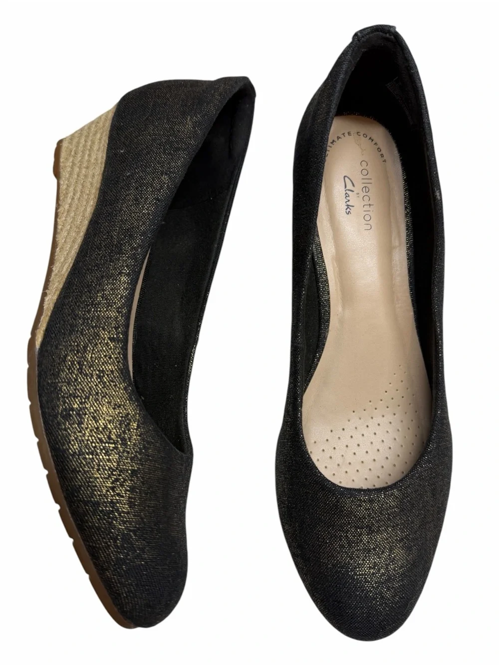 Clarks Collection Mallory Luna Metallic Sparkle Canvas Wedges Espadrille Shoes